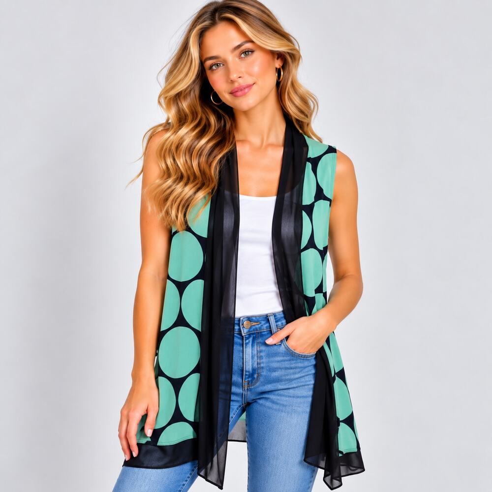 Susan Graver Liquid Knit Cardigan Women's Size M Polka-dot Teal Blue Office